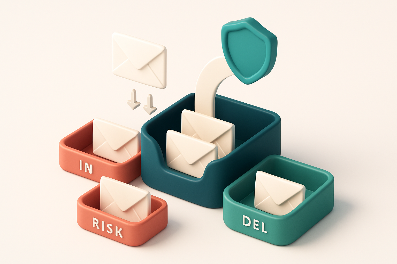 An isometric email inbox with incoming envelopes labeled 'invalid' and 'risky' being diverted to red trays, while 'valid
