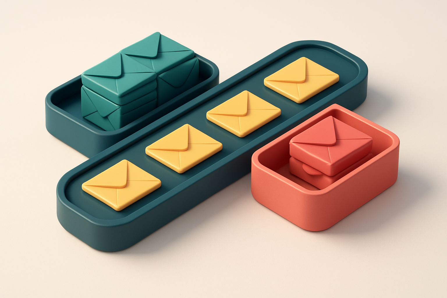 An isometric email inbox with dozens of envelopes being sorted: green 'valid' envelopes on a clean tray, red 'invalid' o