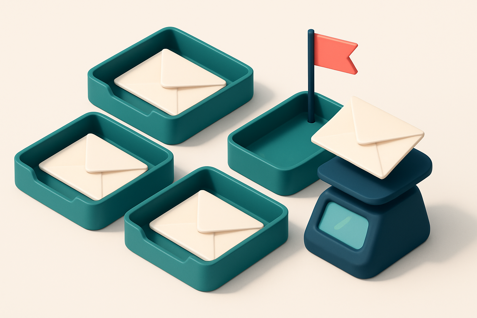 An isometric email inbox with envelopes labeled 'Valid', 'Invalid', 'Catch-all', and 'Risky' being sorted onto four sepa