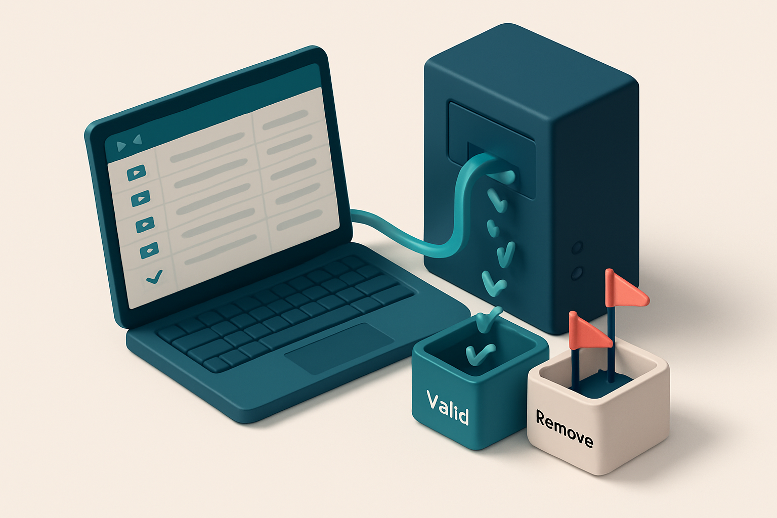 Hero: a 3D isometric illustration of a modern laptop open to an Excel spreadsheet with email addresses, connected via a