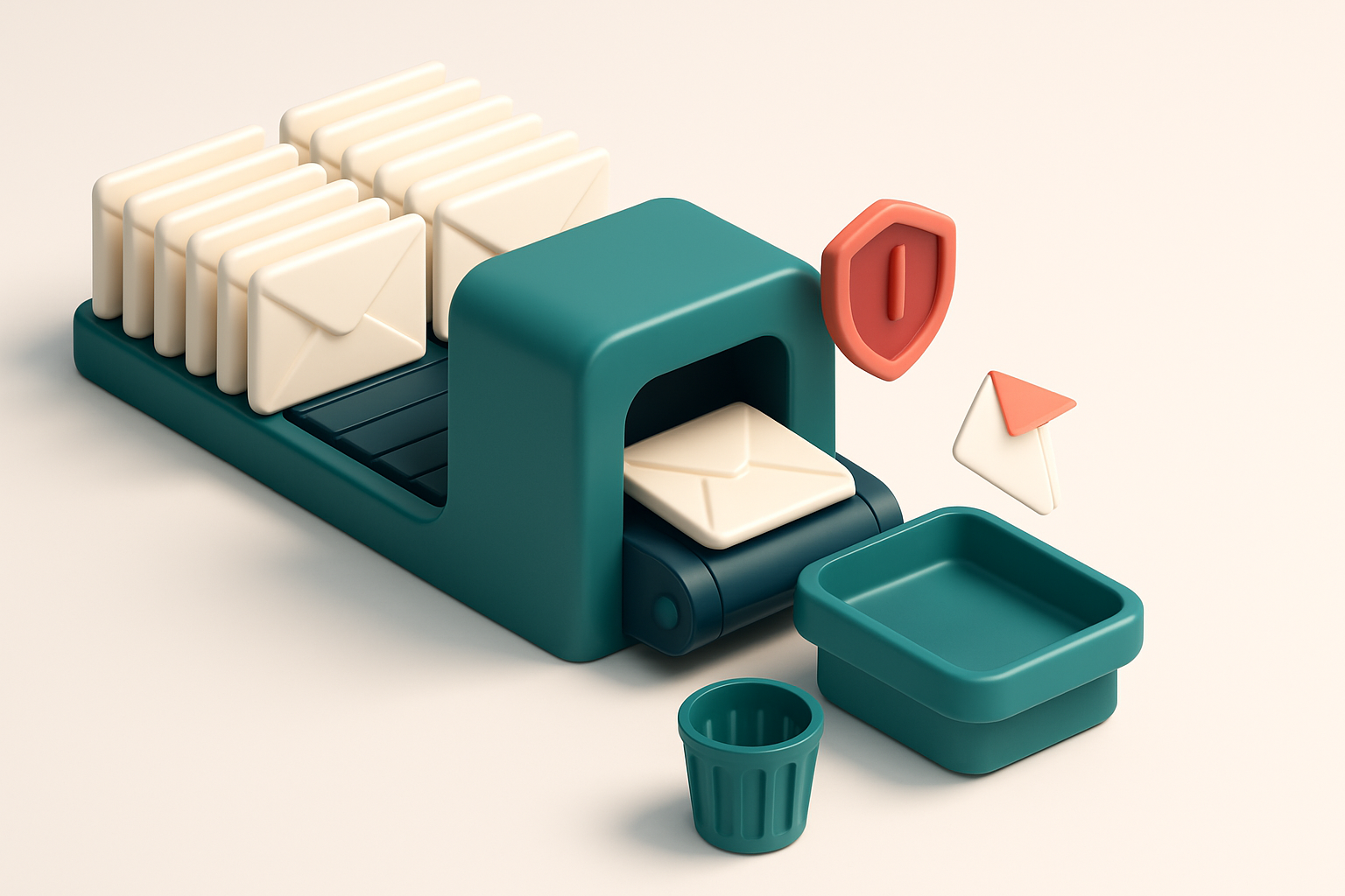 An isometric email inbox with envelopes stacked behind a conveyor belt. Valid emails move onto a green 'delivered' tray.