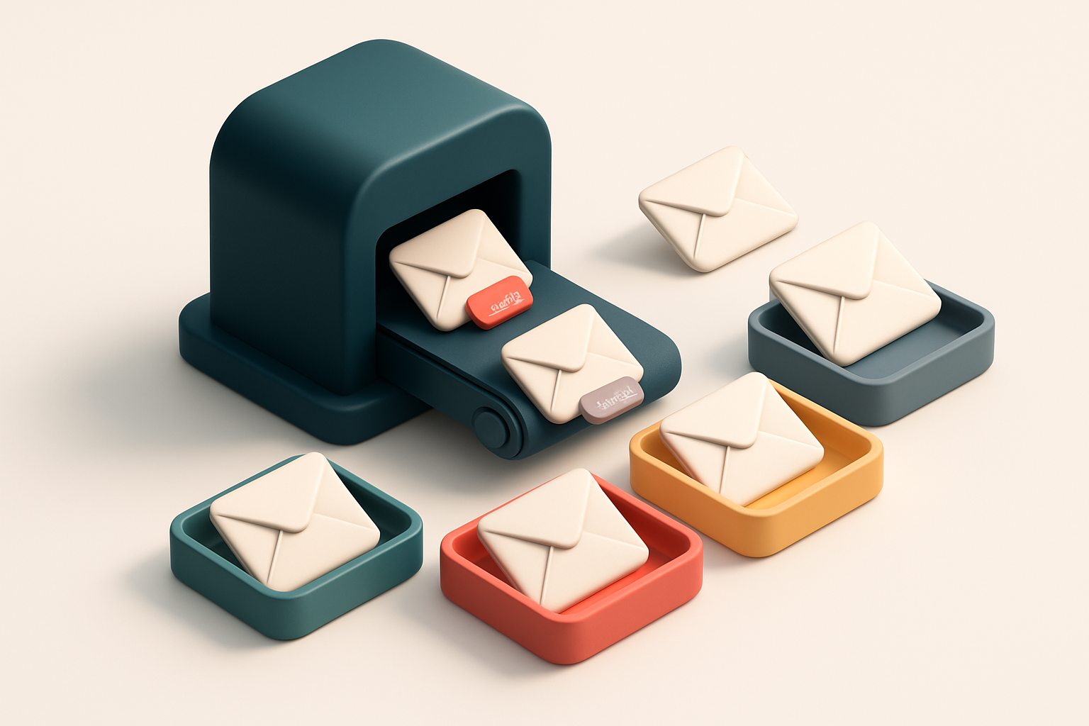 An isometric illustration of a 3D email inbox with a conveyor belt feeding in envelopes labeled 'valid', 'catch-all', 'i