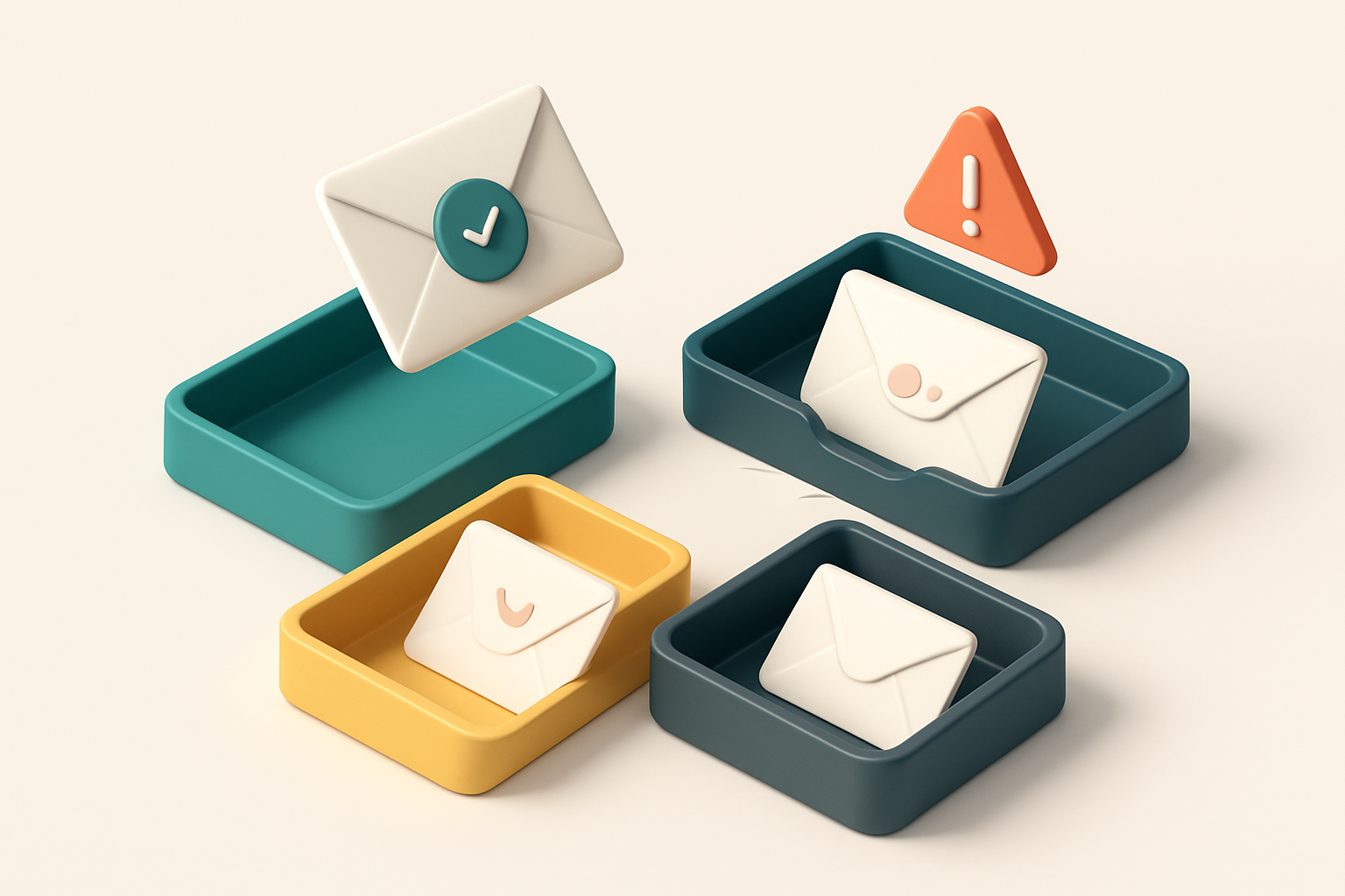 An isometric illustration of a recruitment funnel with a stack of envelopes labeled 'Valid', 'Risky', 'Invalid' and 'Cat