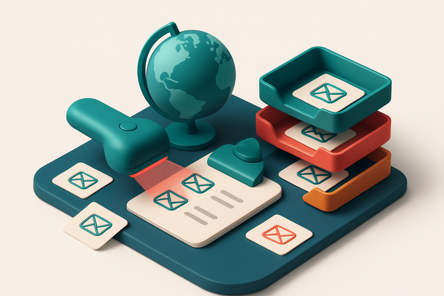An isometric desk with a globe at the center, multiple email addresses written on sticky notes being sorted into three t