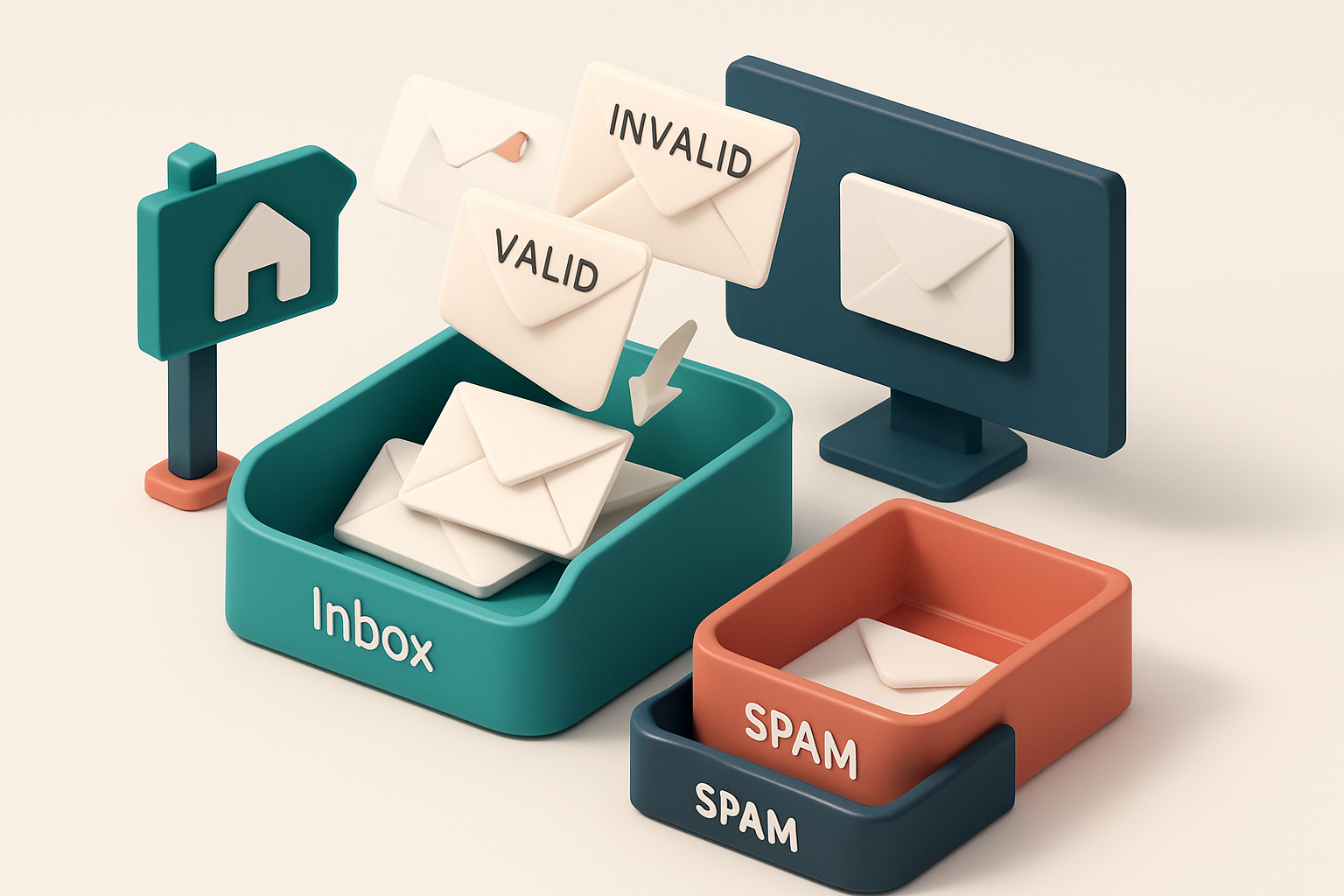 An isometric real estate office scene with a large email inbox receiving envelopes labeled 'valid', 'risky', and 'invali