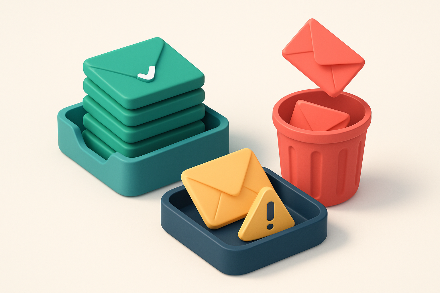 An isometric email inbox with envelopes labeled with different statuses — green 'valid' envelopes stack on a clean inbox