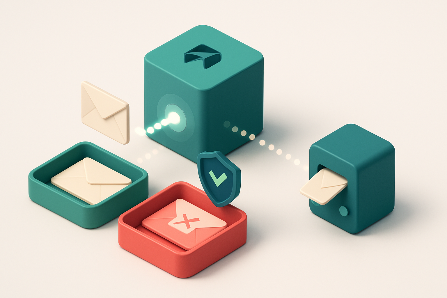 An isometric Airtable base with a central server node emitting pulses of light; each pulse carries an envelope into a gr