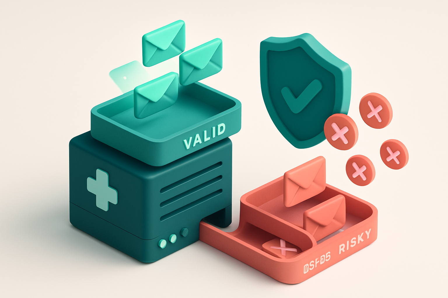 An isometric illustration of a medical association database server with glowing green 'valid' email envelopes being sort