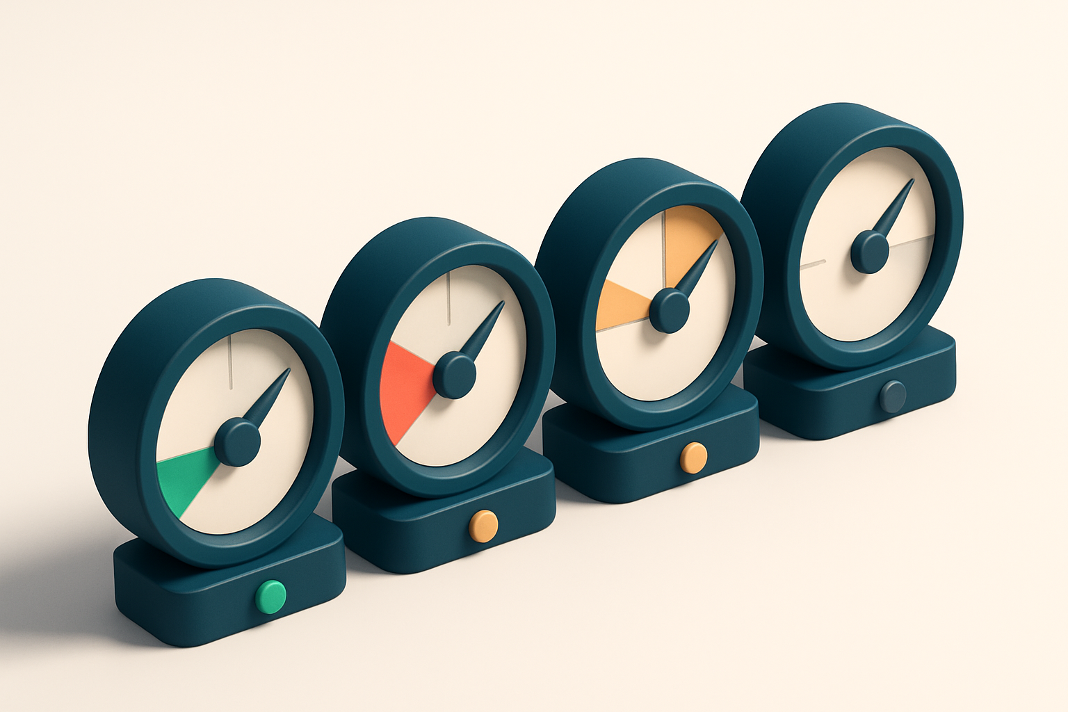 a row of four gauges, each showing a different validation status: green (valid), red (invalid), yellow (risky), grey (un