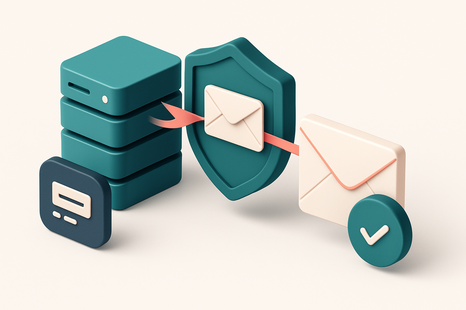 An isometric view of a Microsoft 365 server stack passing emails through a shield labeled 'DKIM', with a DNS server on t