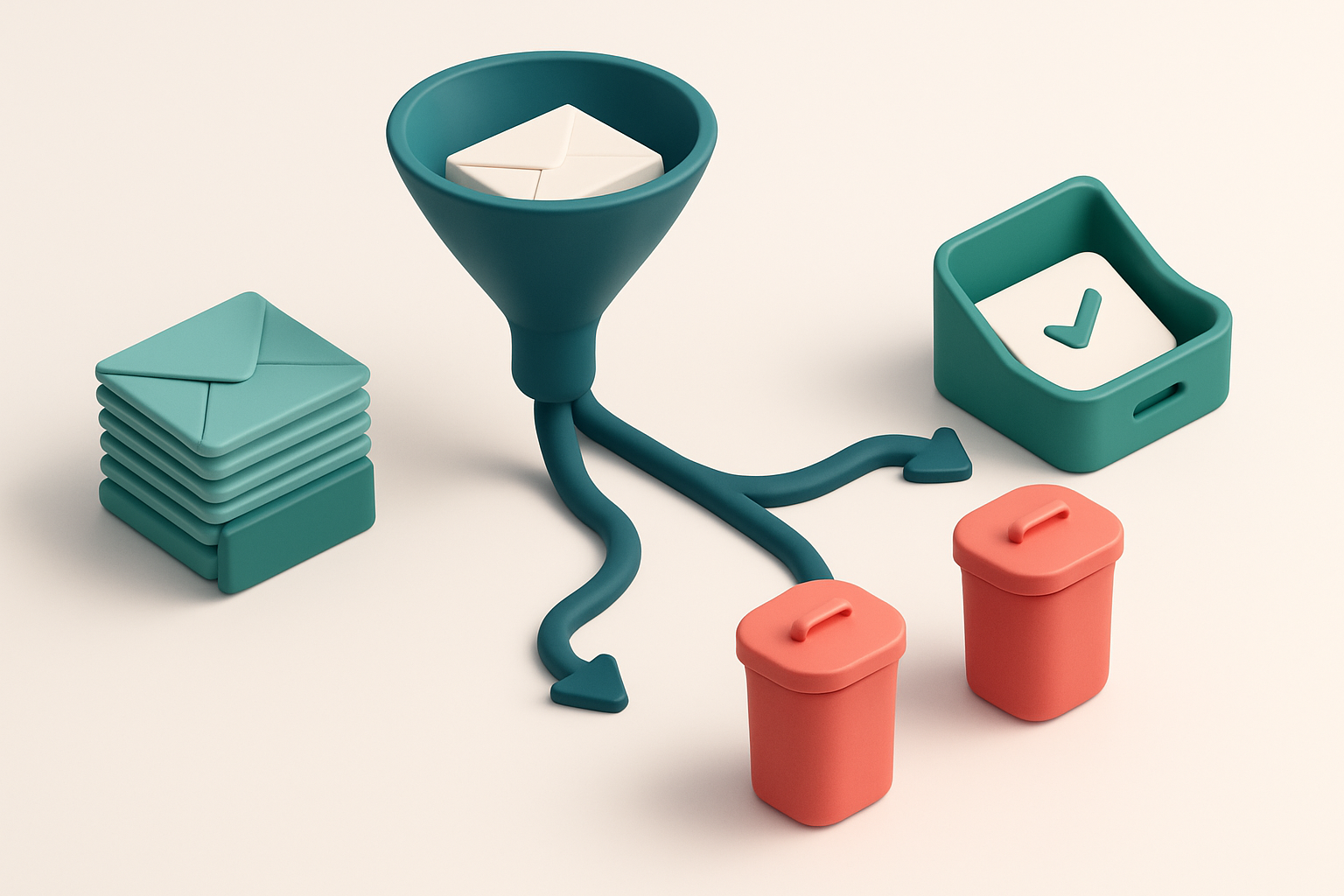 An isometric illustration of a digital delivery funnel: a stack of envelopes labeled 'B2B Campaigns' enters on the left,