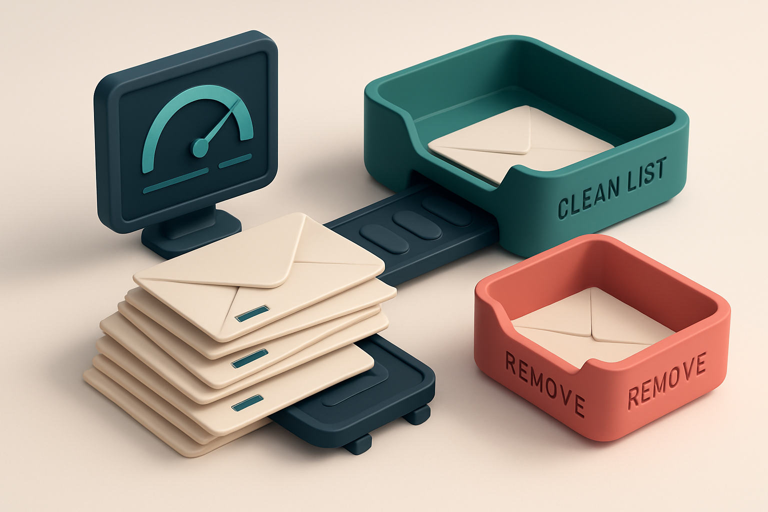 An isometric desktop setup showing a cluttered stack of physical envelopes labeled 'invalid', 'role', 'catch-all', and '