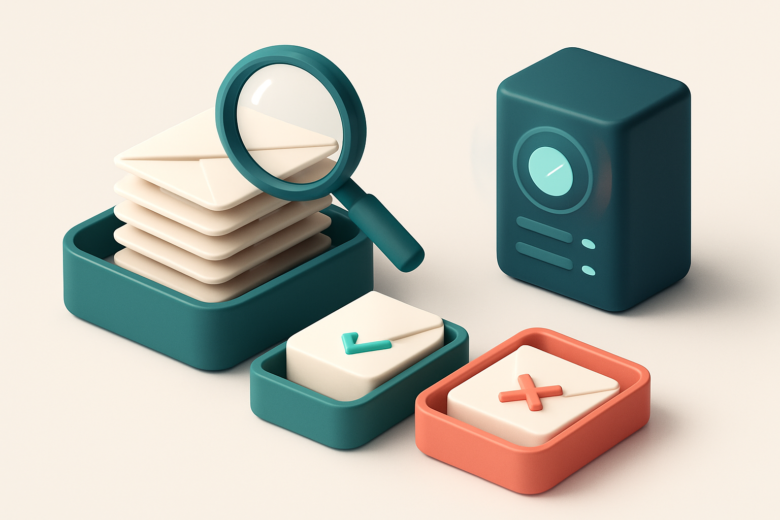 an isometric email inbox with envelopes being sorted onto a green 'valid' tray and a red 'invalid' tray, a magnifying gl