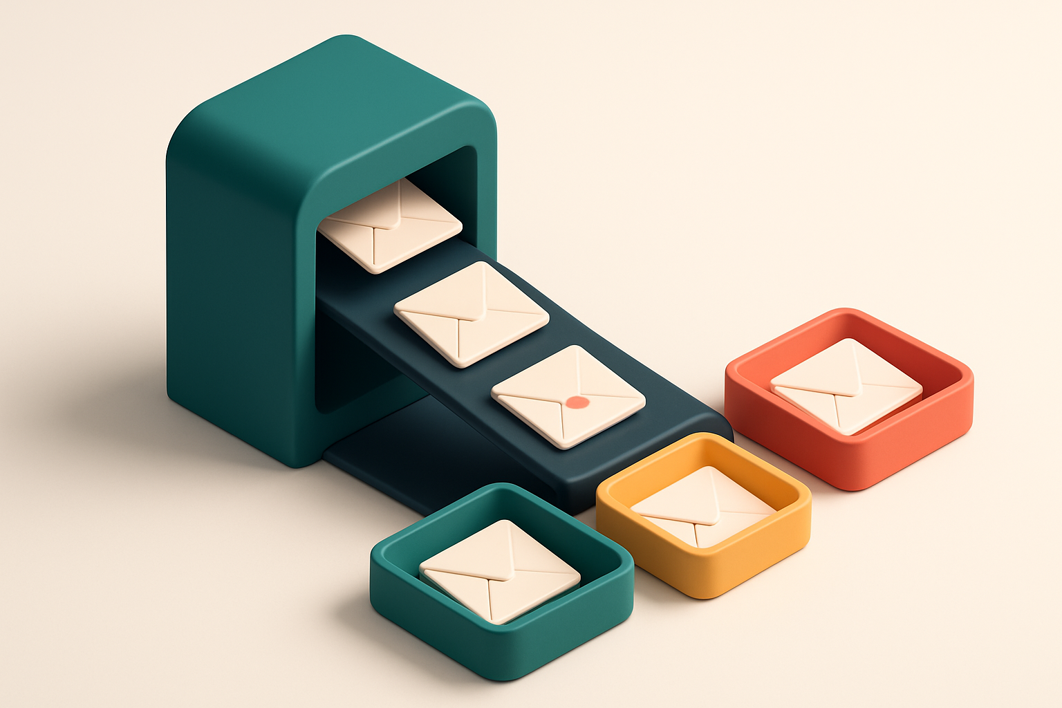 an isometric email inbox with envelopes sliding down a conveyor belt; valid emails drop into a green 'clean' tray, inval