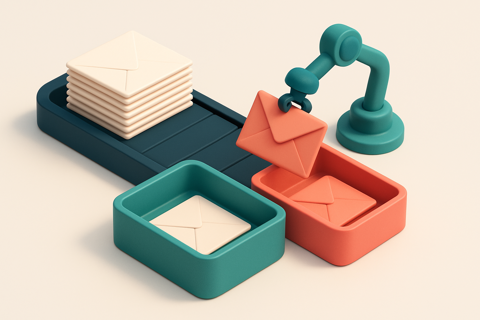 an isometric stack of physical envelopes being sorted by a conveyor belt into two trays: one green labeled 'Valid' and o