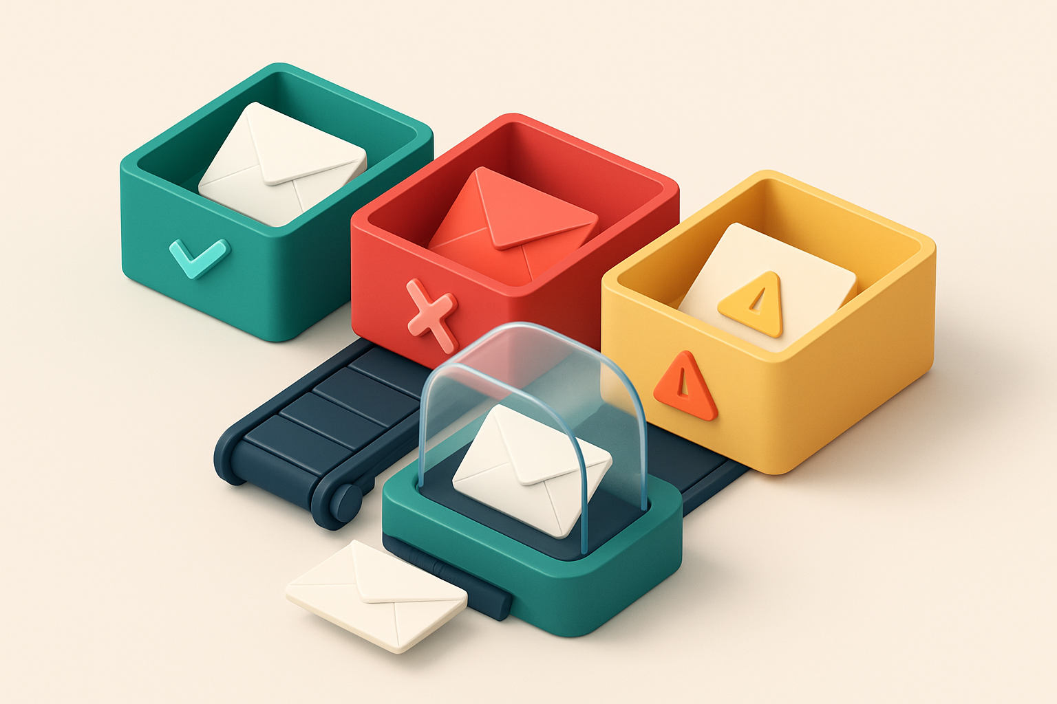 Hero: an isometric email inbox split into three sections—an active green 'valid' tray, a red 'invalid' tray, and a yello