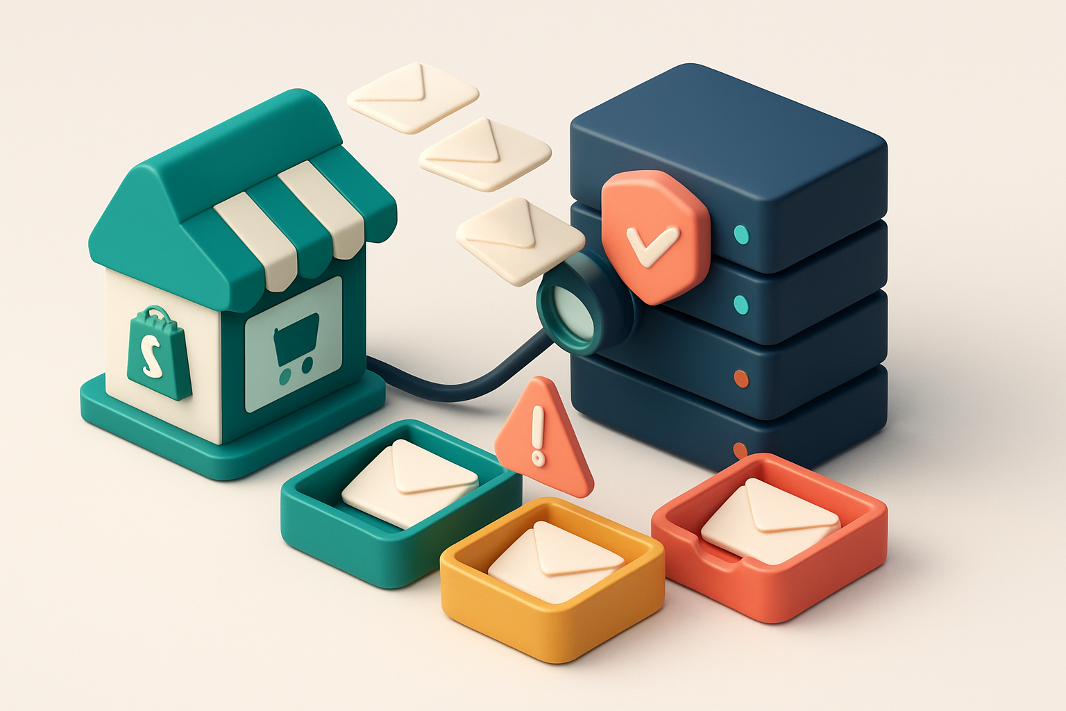 An isometric illustration of a Shopify storefront connected via a cable to a server cluster, where incoming email envelo