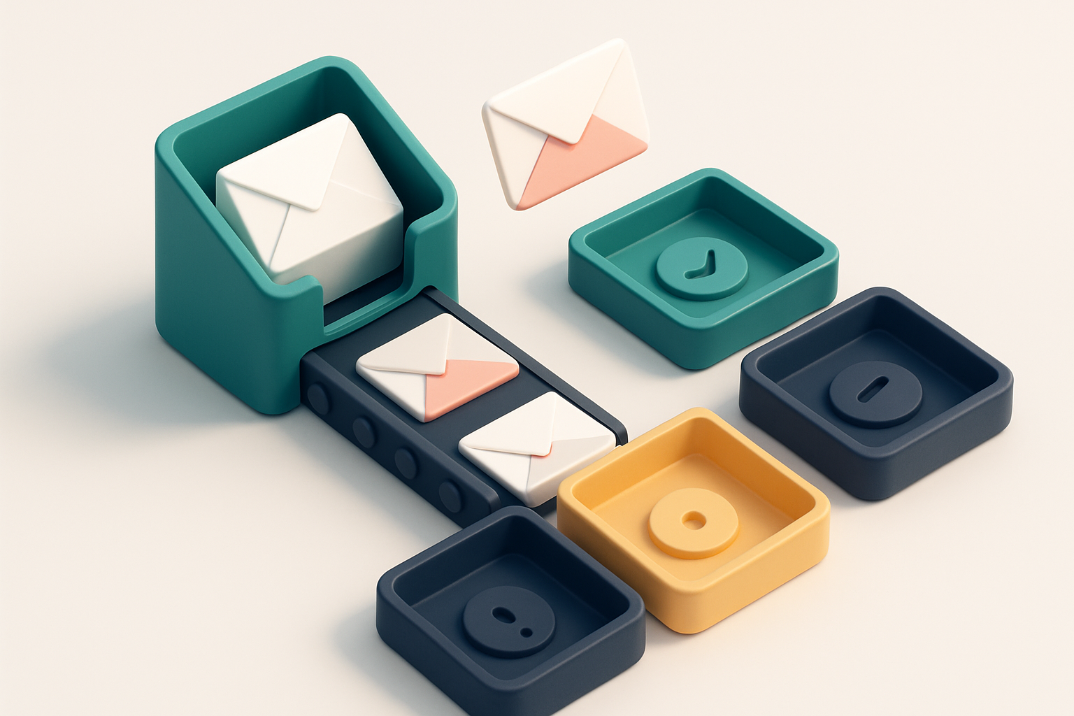 An isometric illustration of a 3D email inbox with envelopes being sorted onto a green 'valid' tray, a red 'invalid' tra