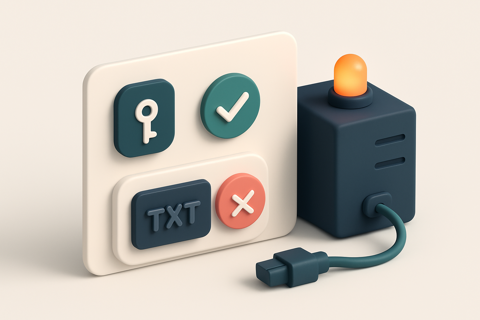 An isometric dashboard with a green 'valid' checkmark on a domain key icon, a red 'failed' icon beside a malformed TXT r