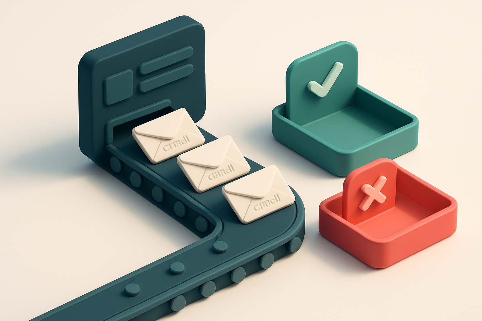 an isometric Pipedrive dashboard with a flow of envelopes labeled 'email' moving through a conveyor belt that splits int