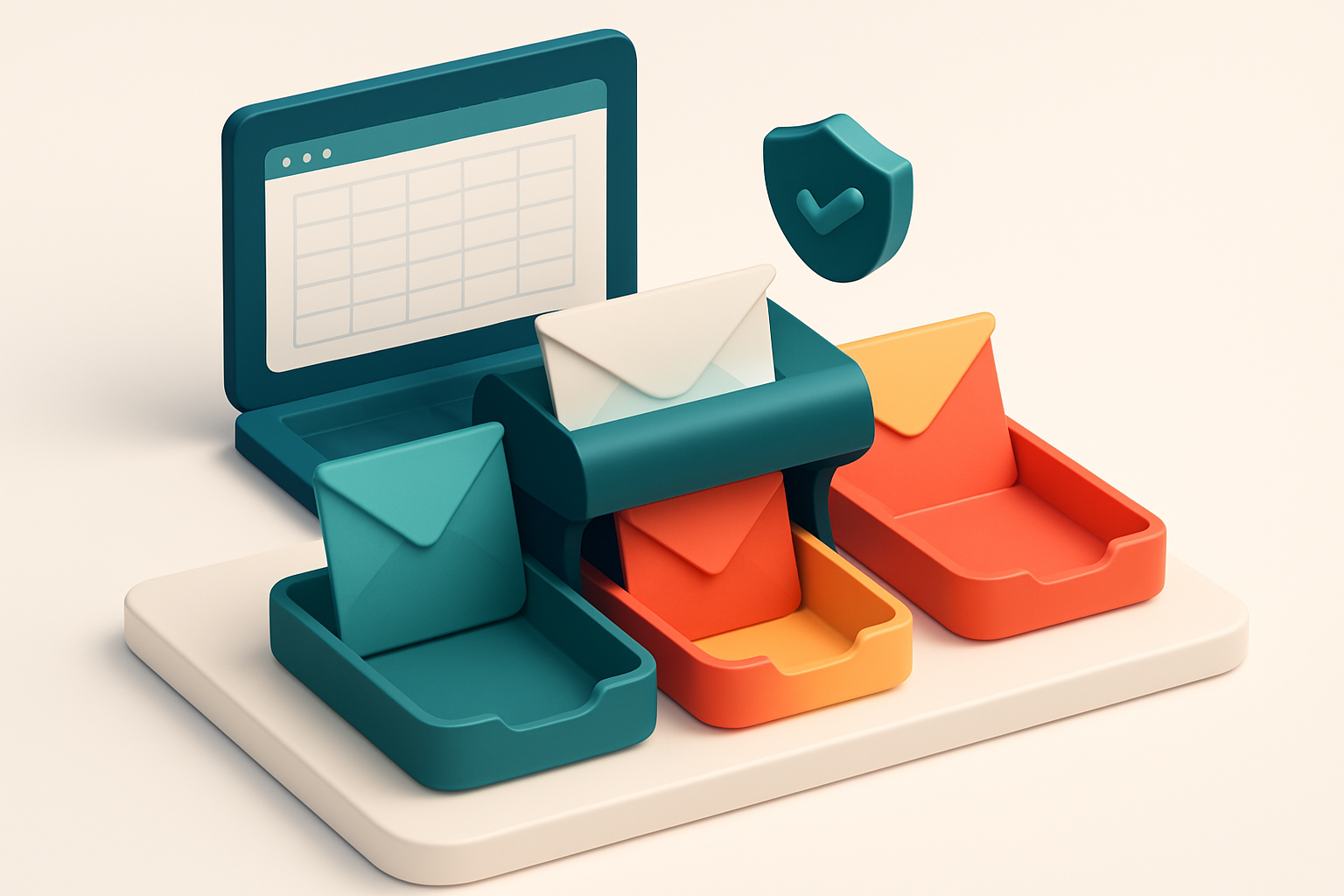 An isometric illustration showing a spreadsheet open on a desk with envelopes labeled 'valid', 'invalid', and 'risky' be