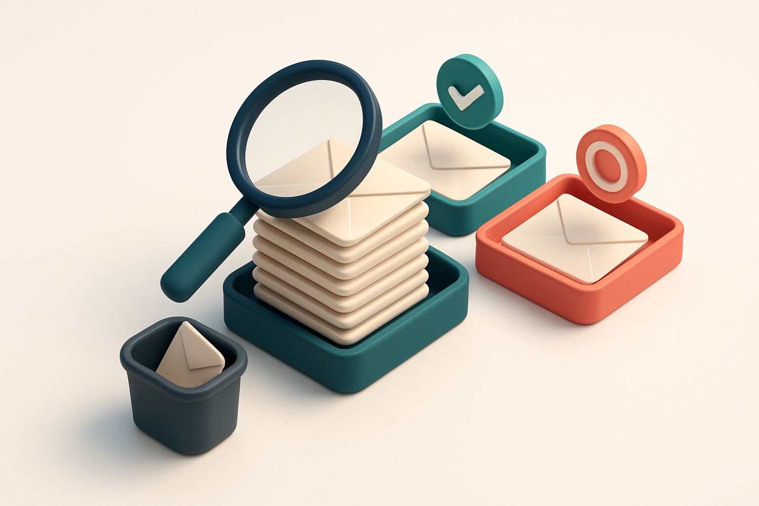 An isometric email inbox with envelopes being sorted onto a green 'valid' tray and a red 'invalid' tray, a magnifying gl
