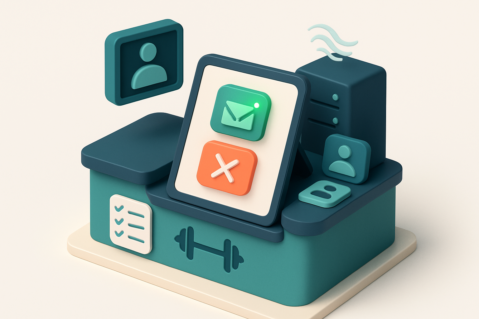 Hero: an isometric gym front desk with a digital sign-up tablet where a glowing green checkmark appears on a verified em