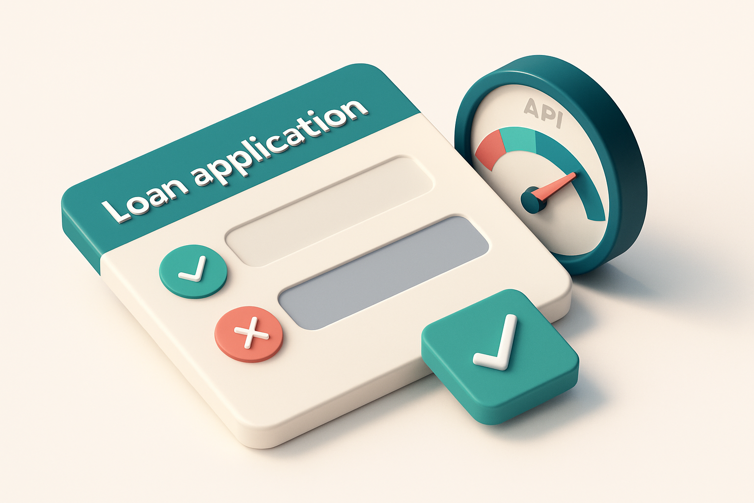 an isometric loan application form with a green 'valid' checklist next to a field, a red 'invalid' X on a fake email, an