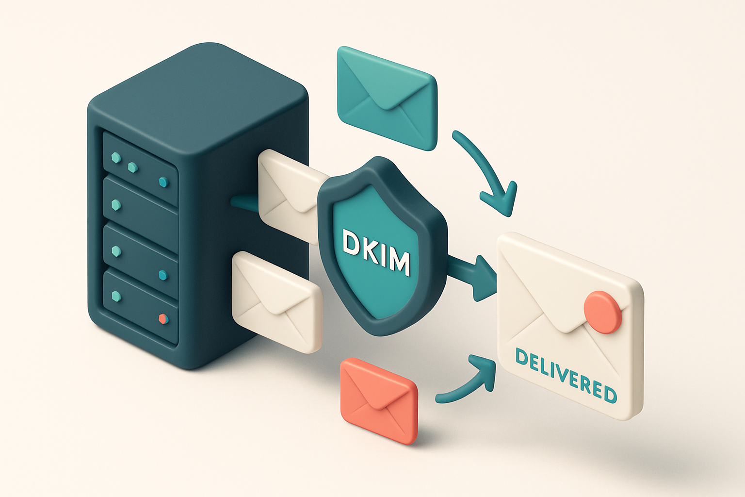 An isometric email server rack with digital envelopes labeled 'Valid', 'Catch-all', and 'Invalid' being routed through a