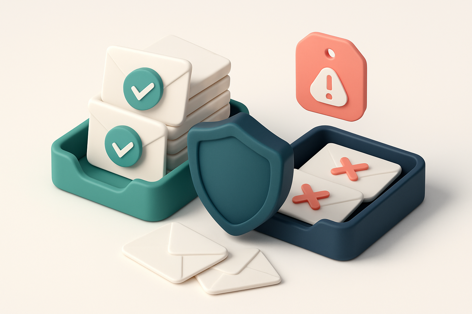 Hero: an isometric medical email inbox with green checkmarks stacked on a 'valid' tray, red crosses on an 'invalid' tray