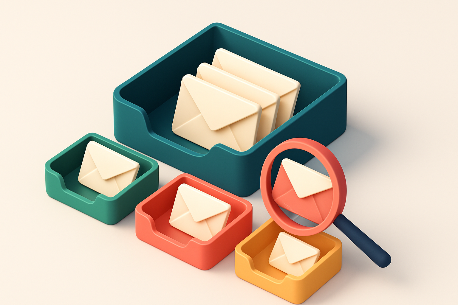 An isometric email inbox with envelopes sorted into three trays: green 'valid', red 'invalid', and yellow 'risky', with