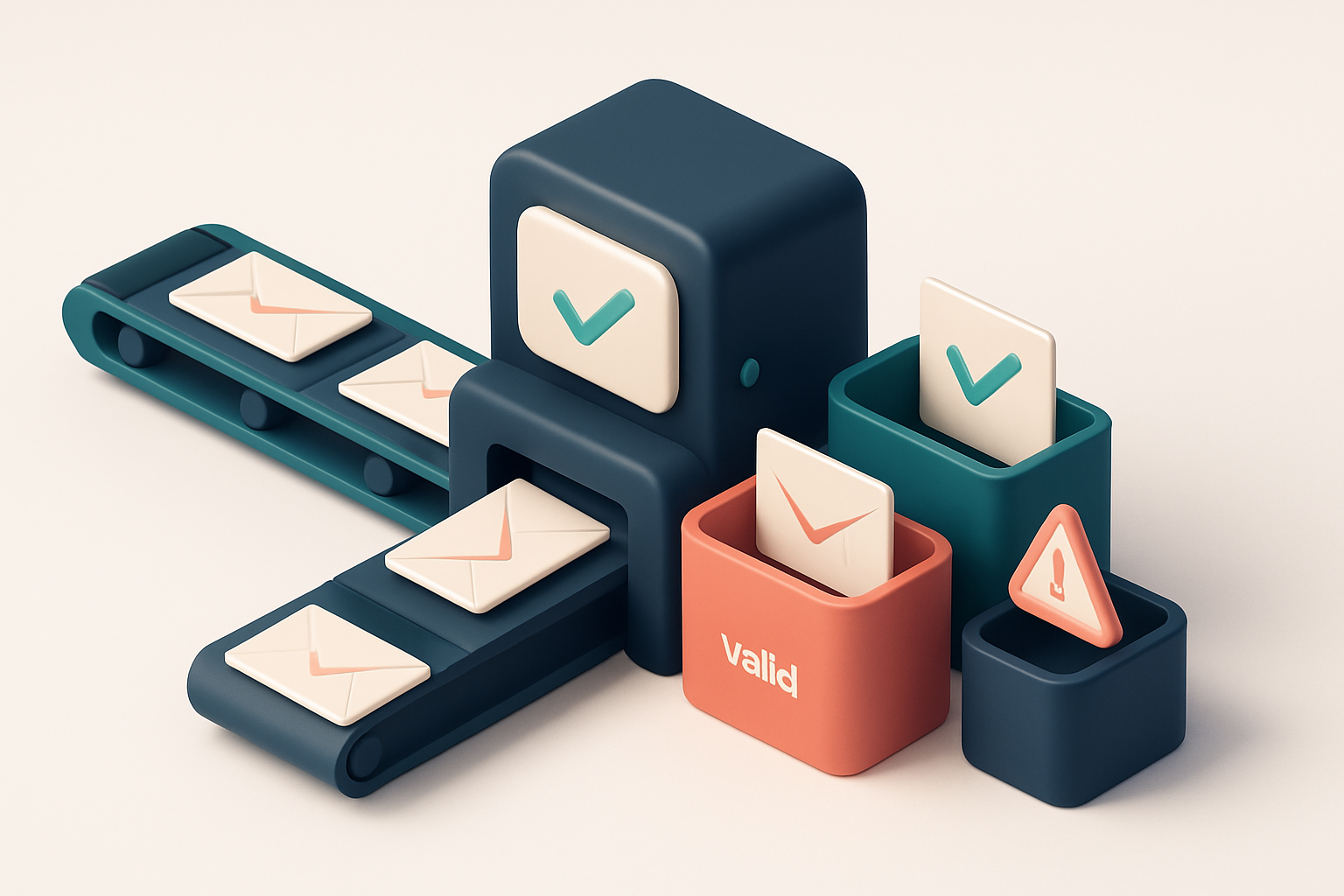 An isometric view of a conveyor belt moving envelopes labeled 'mailing list', passing through a central verification mac