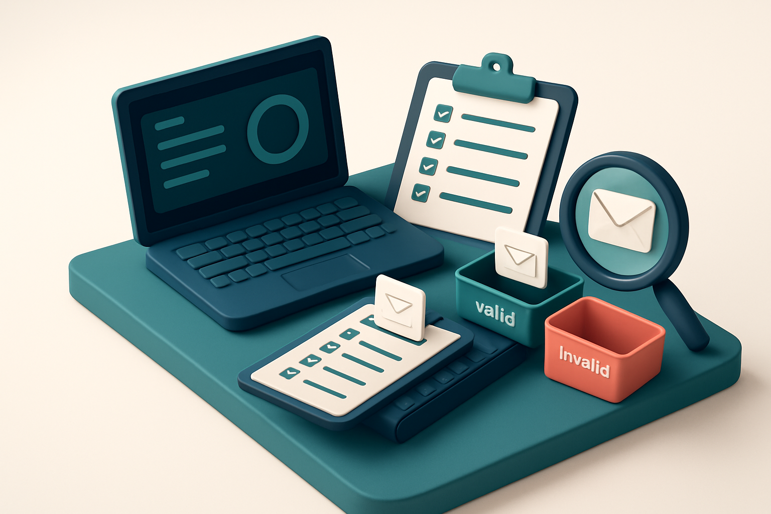 An isometric desk with a laptop displaying a dashboard showing 98.9% validation accuracy, a clipboard with a list of ema