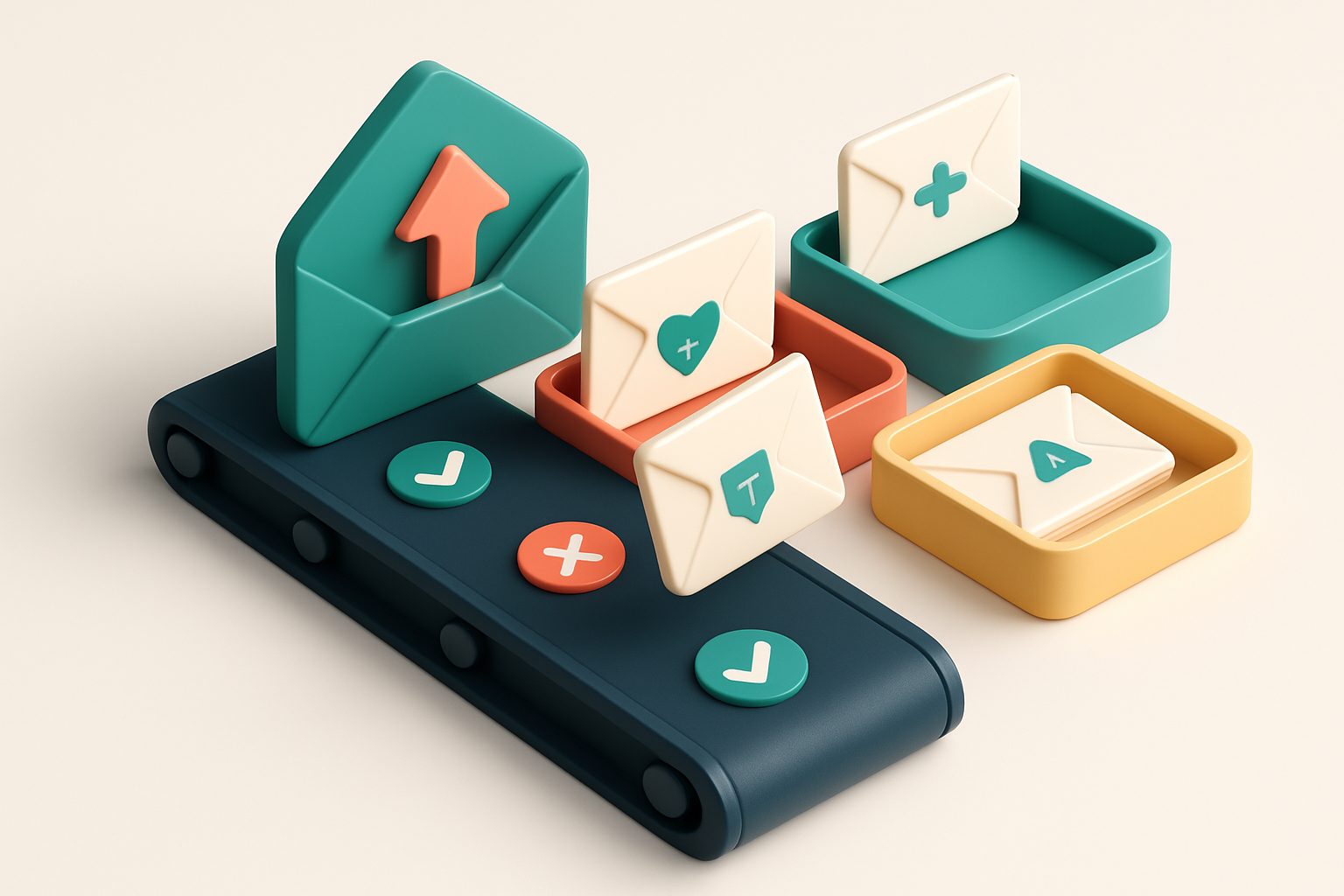 an isometric email inbox with envelopes labeled with healthcare data categories being sorted—green 'valid' tray for conf