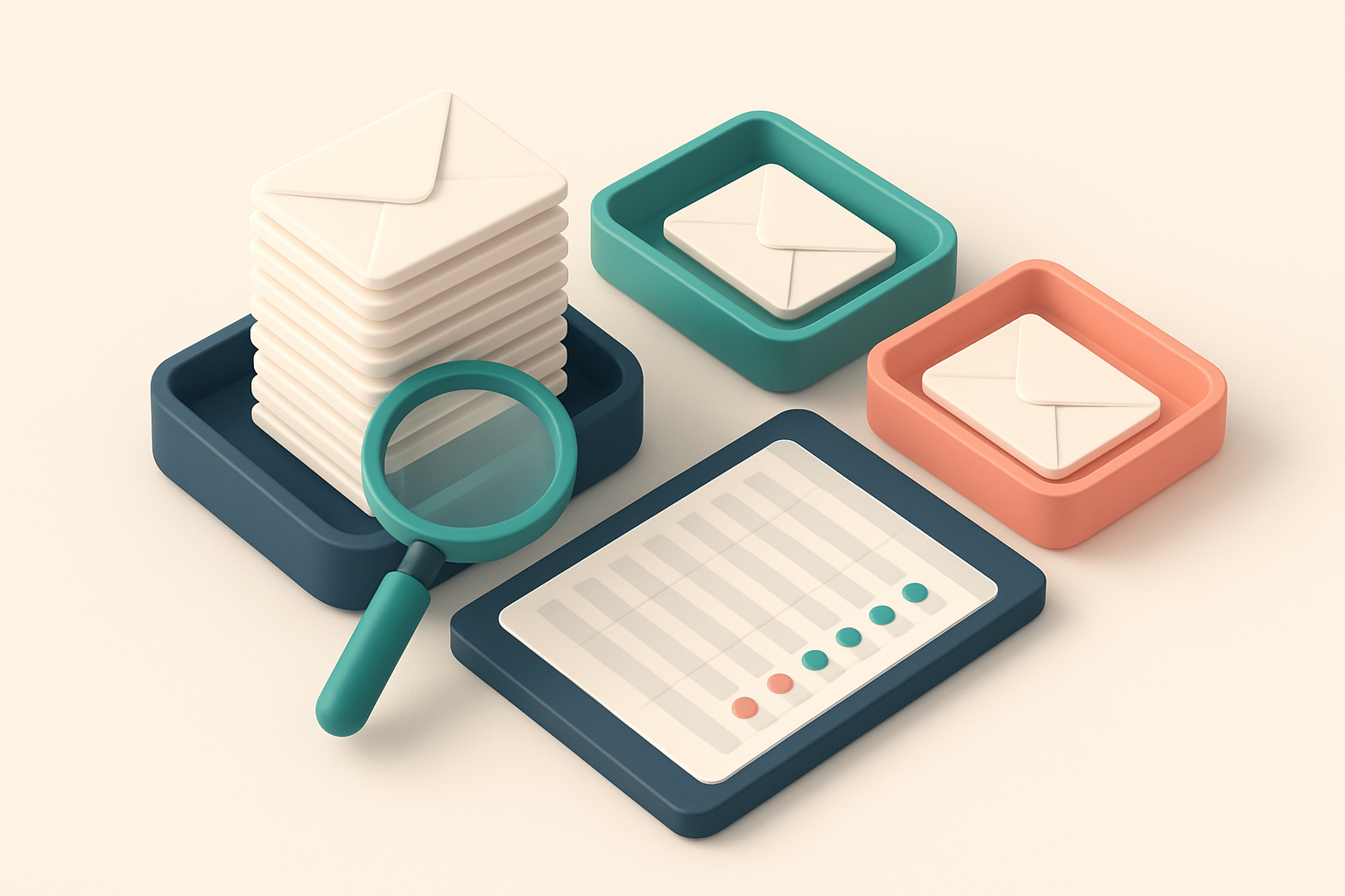 An isometric email inbox with envelopes being sorted onto a green 'valid' tray and a red 'invalid' tray, a magnifying gl