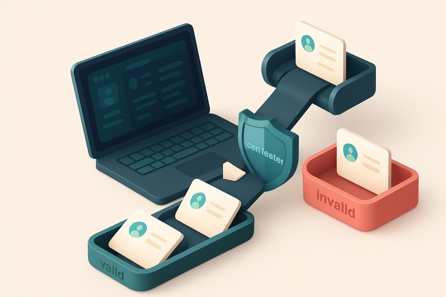 An isometric illustration of a recruiting team workstation: a laptop open to a recruitment dashboard, multiple envelopes