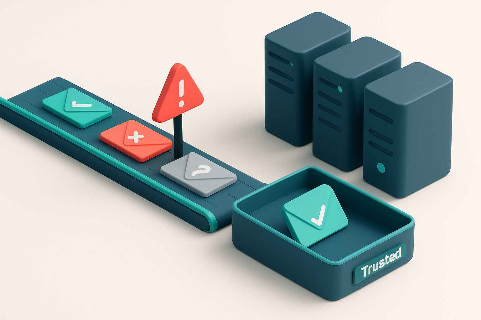 an isometric email server farm with green 'verified' envelopes moving through a clean conveyor belt into a 'trusted inbo