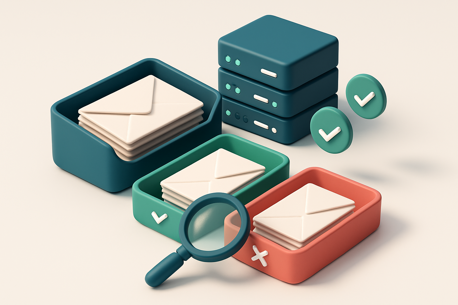 An isometric email inbox with envelopes being sorted onto a green 'valid' tray and a red 'invalid' tray, a magnifying gl