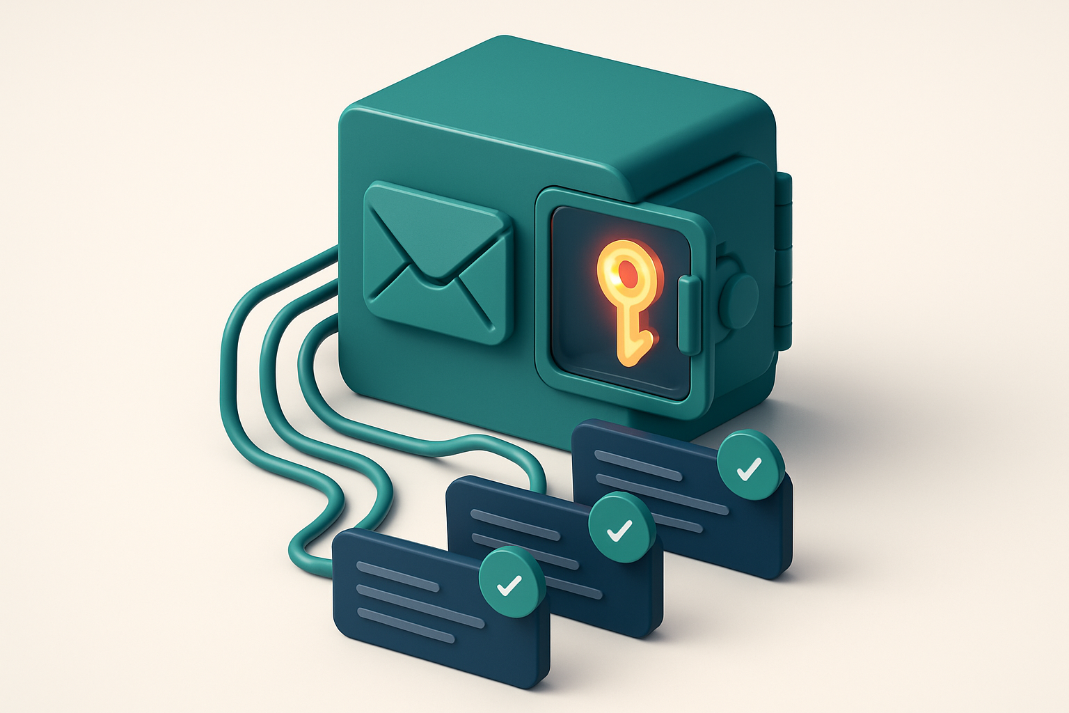 Hero: an isometric email server with a glowing key-shaped lock rotating inside a digital vault, connected via fiber-opti