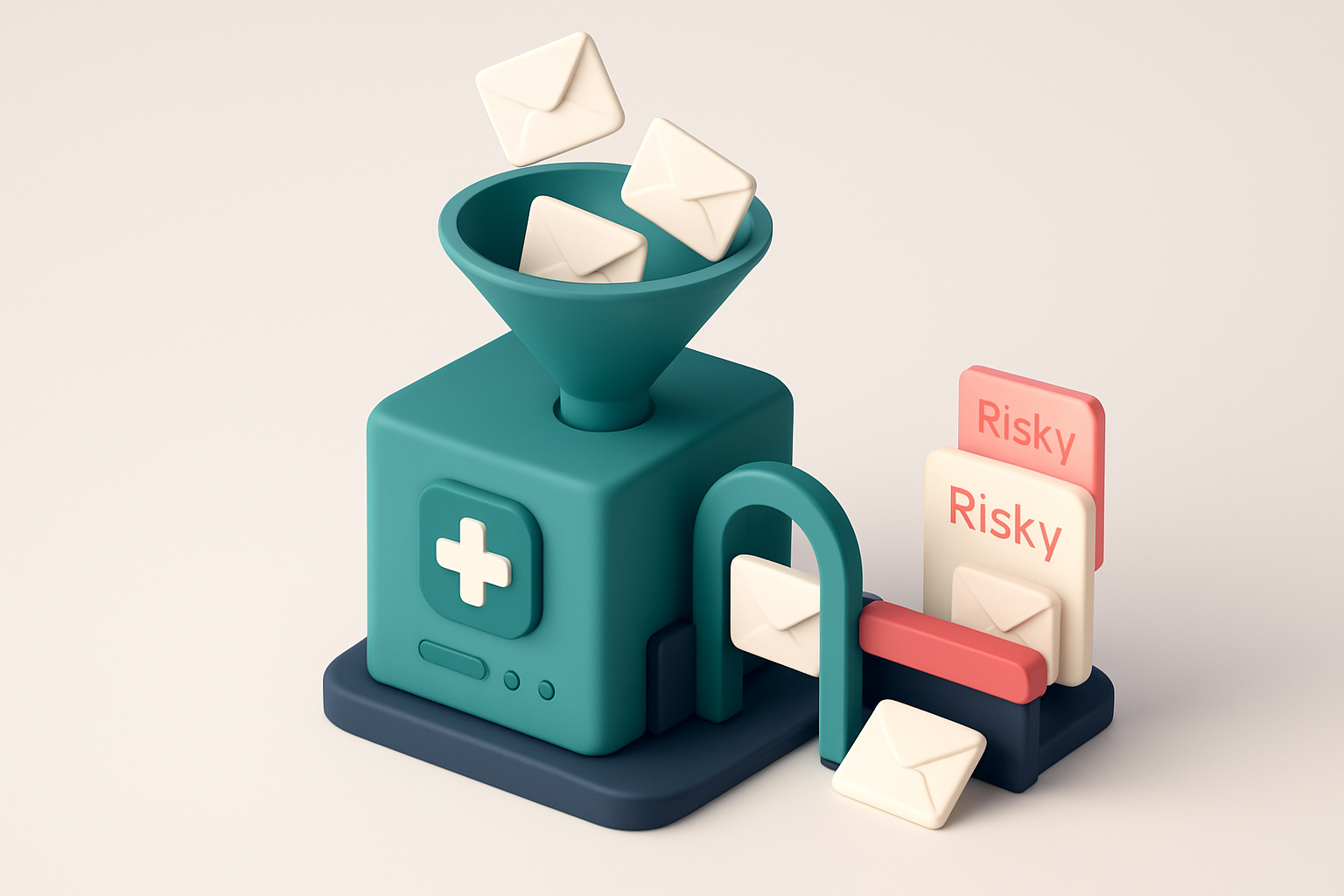 An isometric illustration of a 3D clinic database server with a funnel pouring patient emails into it, some sliding thro