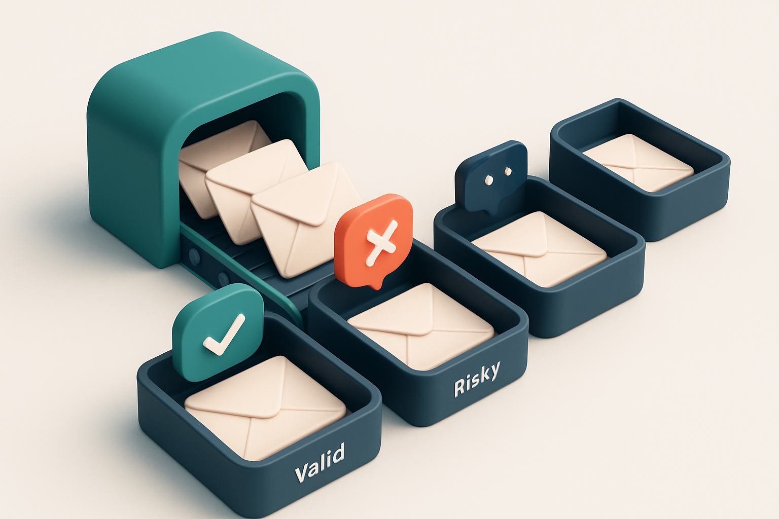 An isometric illustration of a large, segmented email inbox with envelopes labeled 'Valid', 'Invalid', 'Catch-all', 'Ris