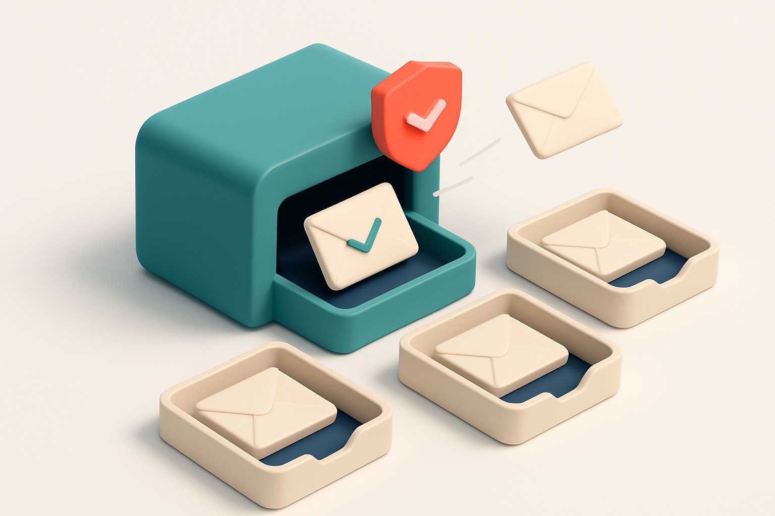 An isometric email inbox with envelopes labeled 'Valid', 'Invalid', 'Catch-all', and 'Risky' being sorted onto separate