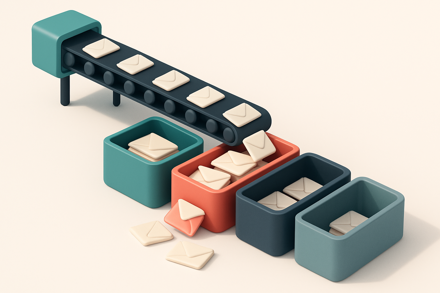 An isometric illustration of a large conveyor belt transporting envelopes labeled 'valid', 'invalid', 'catch-all', and '