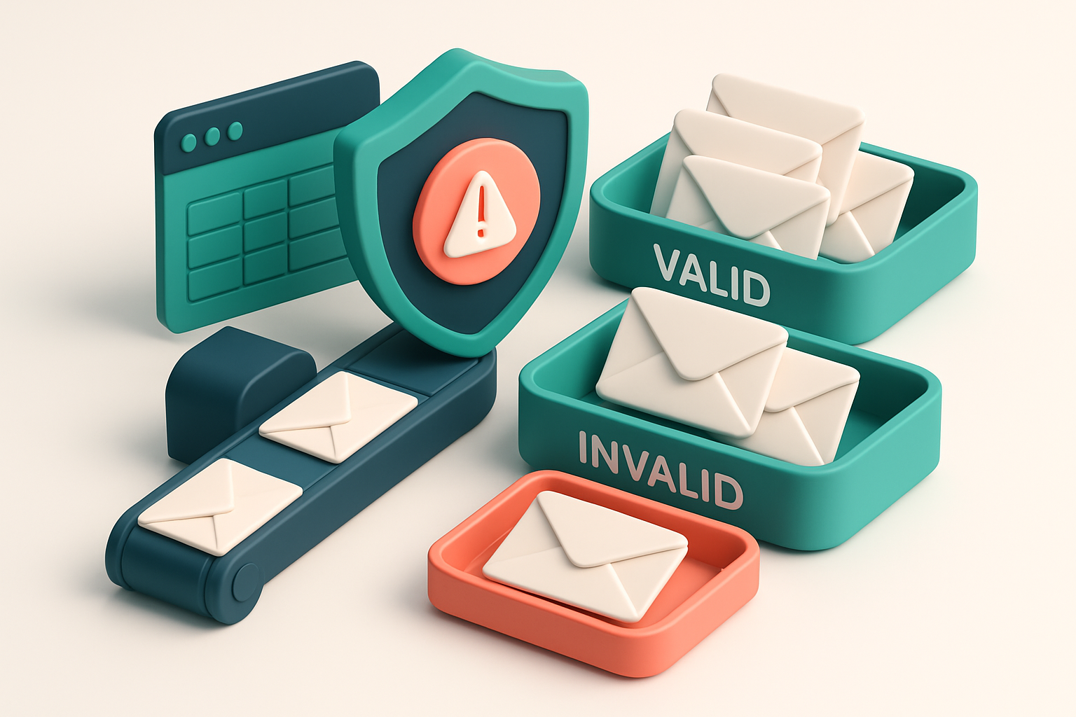 An isometric email inbox with envelopes being sorted onto a green 'valid' tray and a red 'invalid' tray, a conveyor belt