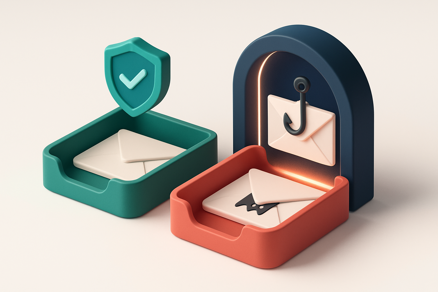 A 3D isometric view of an inbox with a green 'valid' tray and a red 'invalid' tray, a shield labeled 'BIMI' floating abo