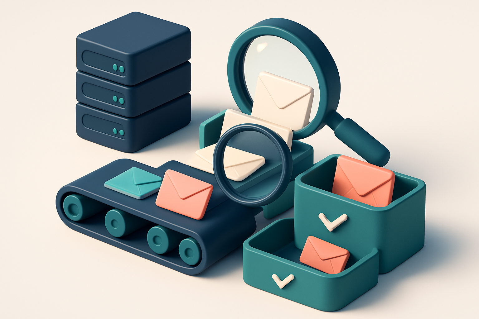 Hero: an isometric digital dashboard with a conveyor belt feeding colorful envelopes into two bins—one green labeled 'Va