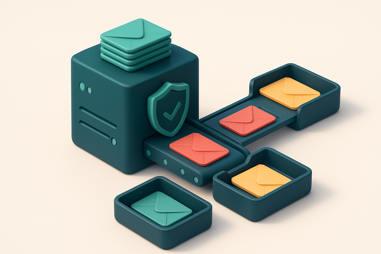 An isometric email server stack with green 'valid' envelopes, red 'invalid' envelopes, and yellow 'risky' envelopes bein