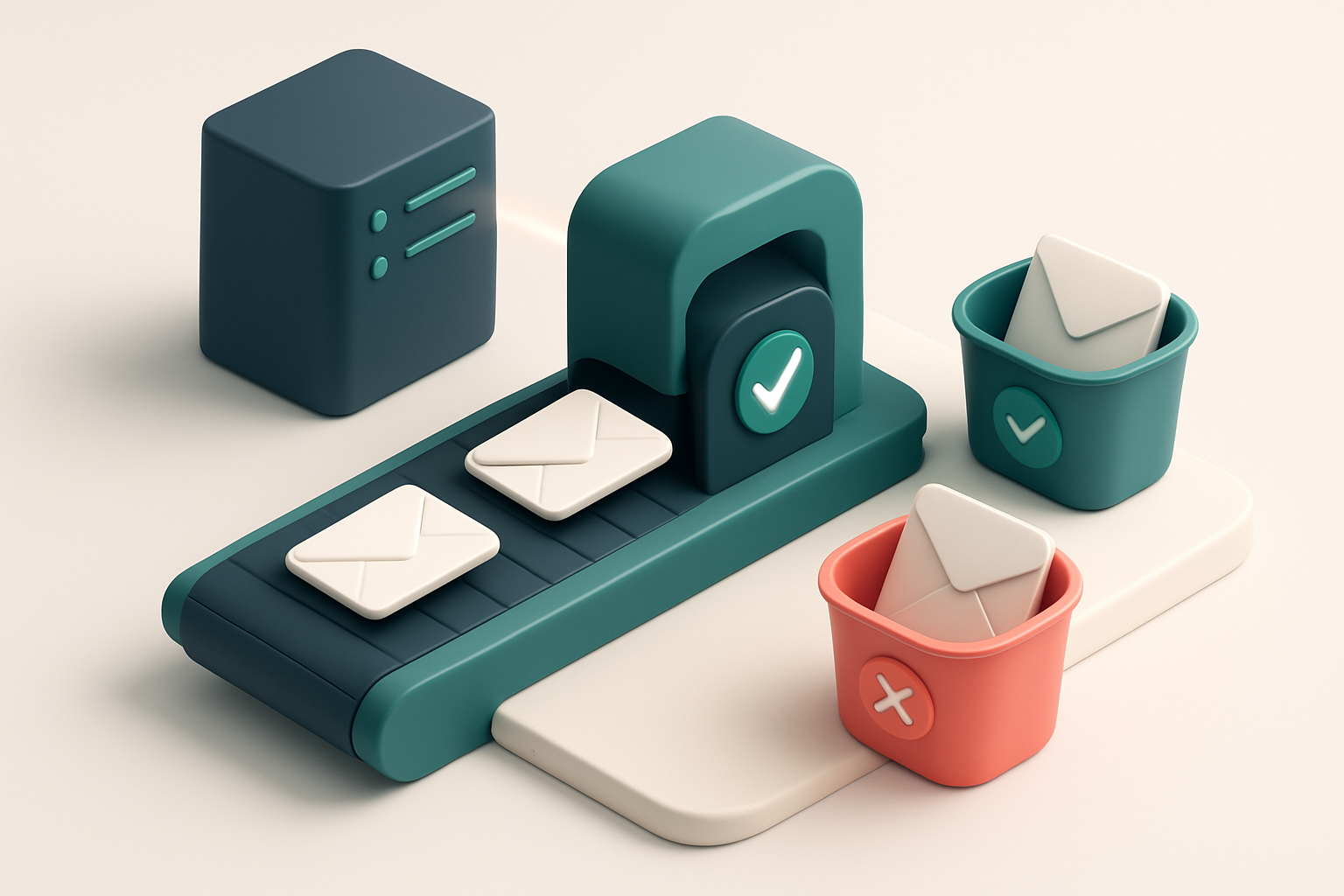An isometric dashboard with a central conveyor belt moving envelopes labeled 'user@domain.com', each passing through a v