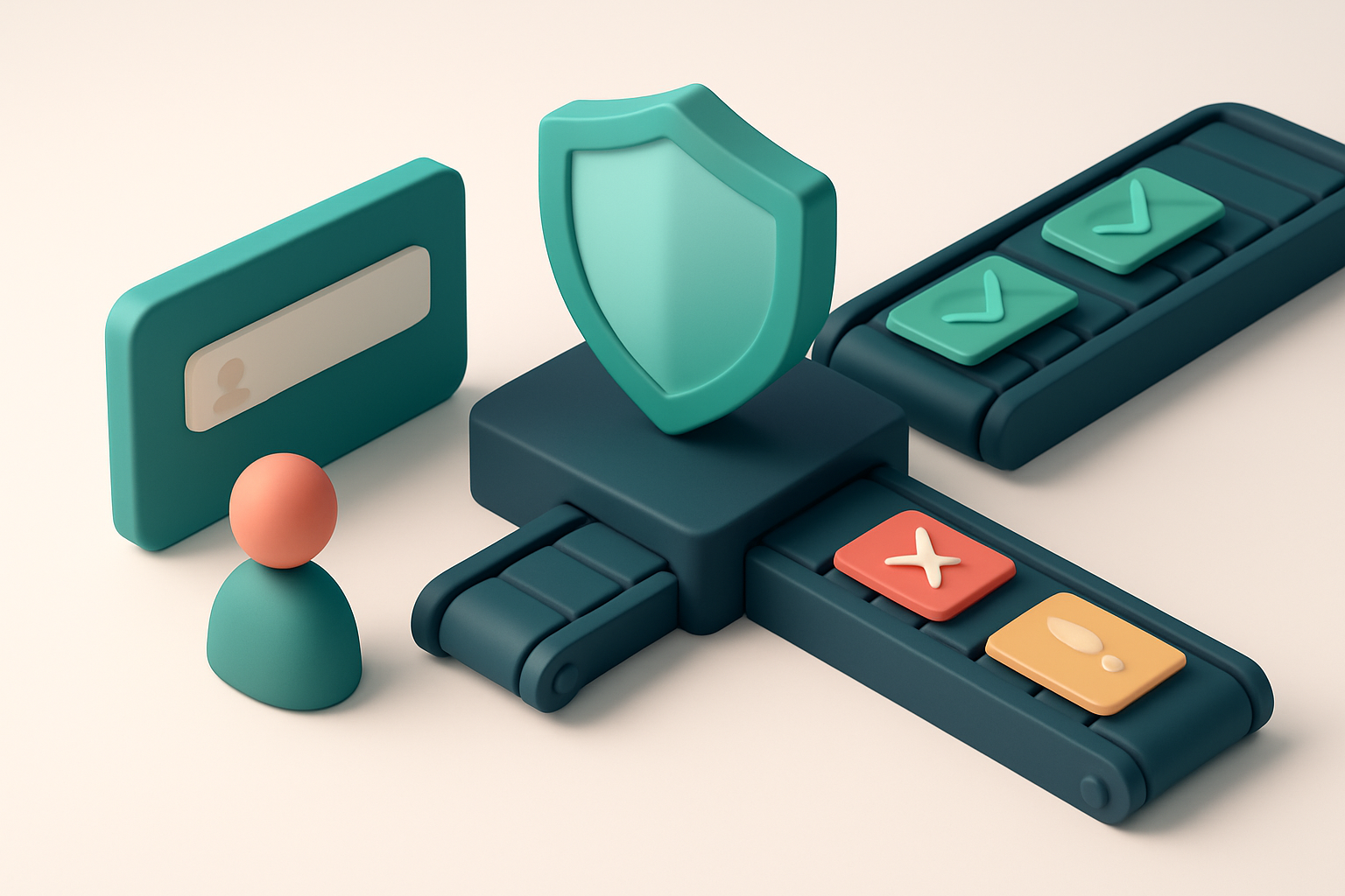 An isometric e-commerce checkout funnel where a user inputs an email into a form, a digital shield scans it in real time