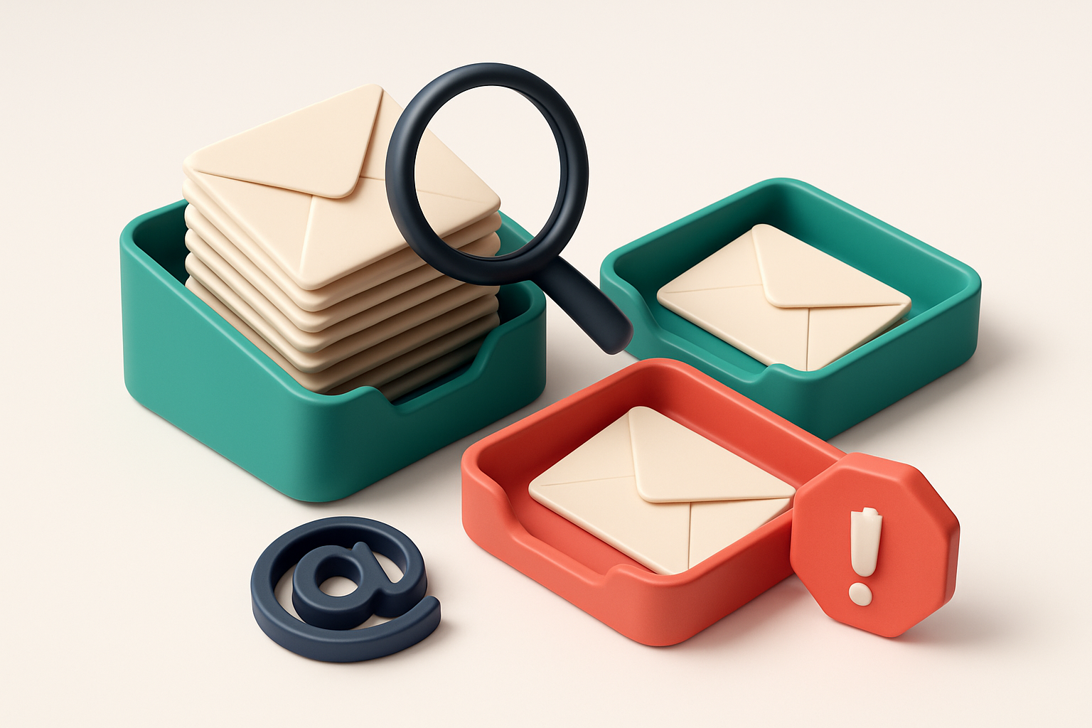 an isometric email inbox with envelopes being sorted onto a green 'valid' tray and a red 'invalid' tray, a magnifying gl